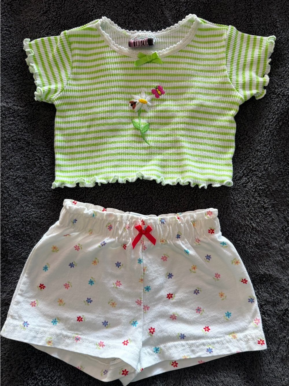 Kids Two-Piece Matching Set - Green Striped Top & Floral Shorts